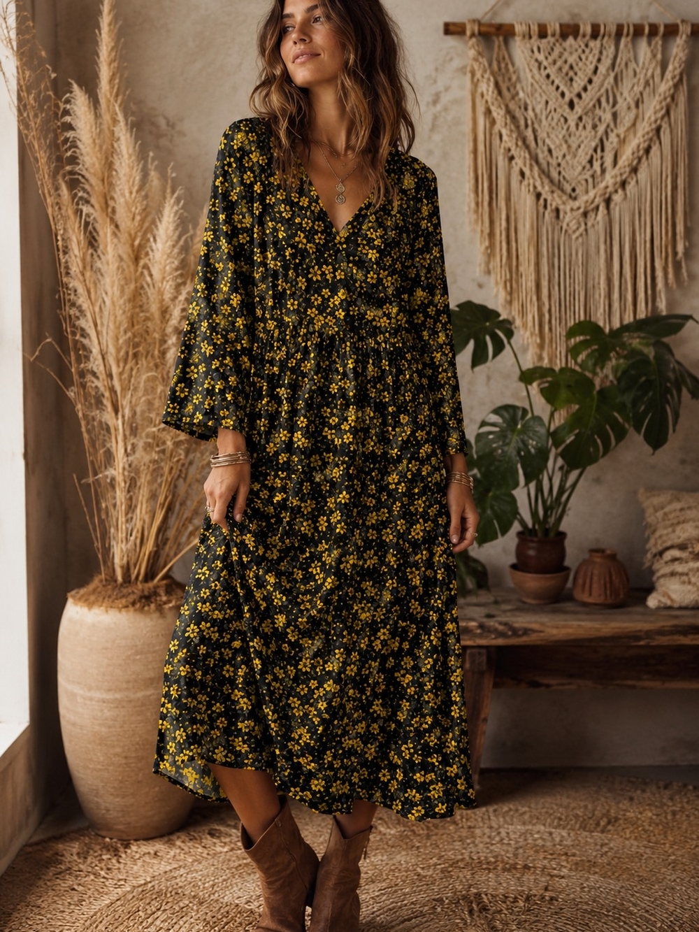 Free People Black Maxi Dress with Yellow Floral Print Boho Floaty